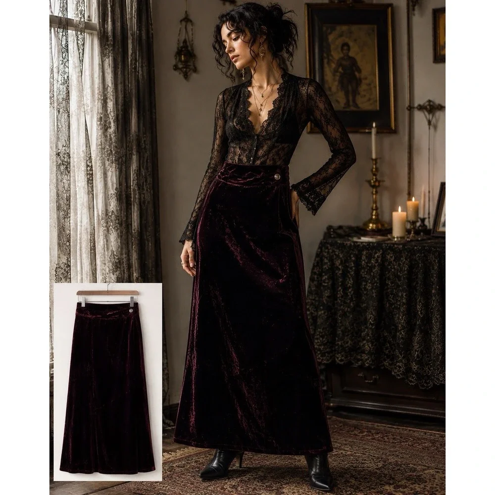 Vintage 90s Womens Burgundy Velvet Maxi Skirt Whimsigoth Romantic Goth Size 6